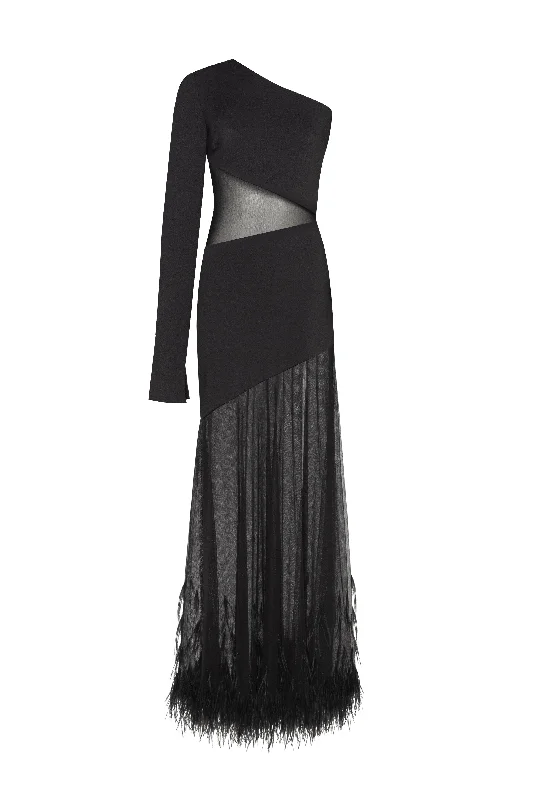 One-shoulder maxi dress with feather-trimmed bottom, Xo Xo