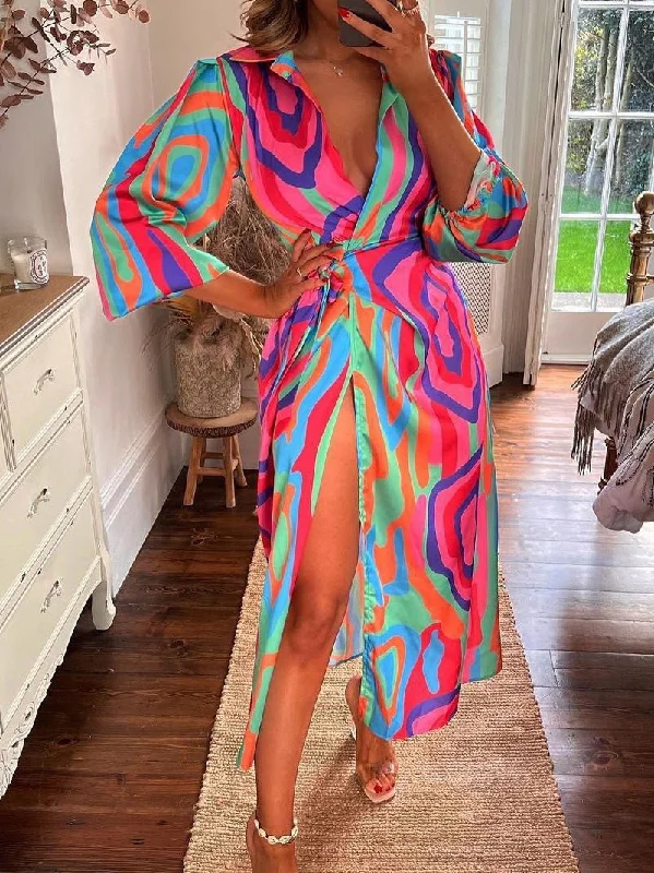 Women's Dresses Printed Lapel Collar Long Sleeve Slit Dress