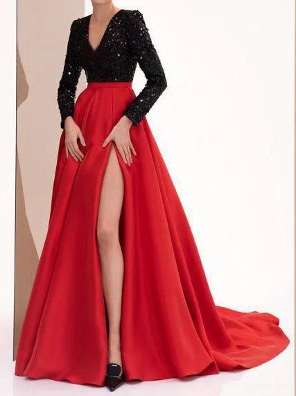 Women's Dresses Sequin V-Neck Long Sleeve Slit Dress