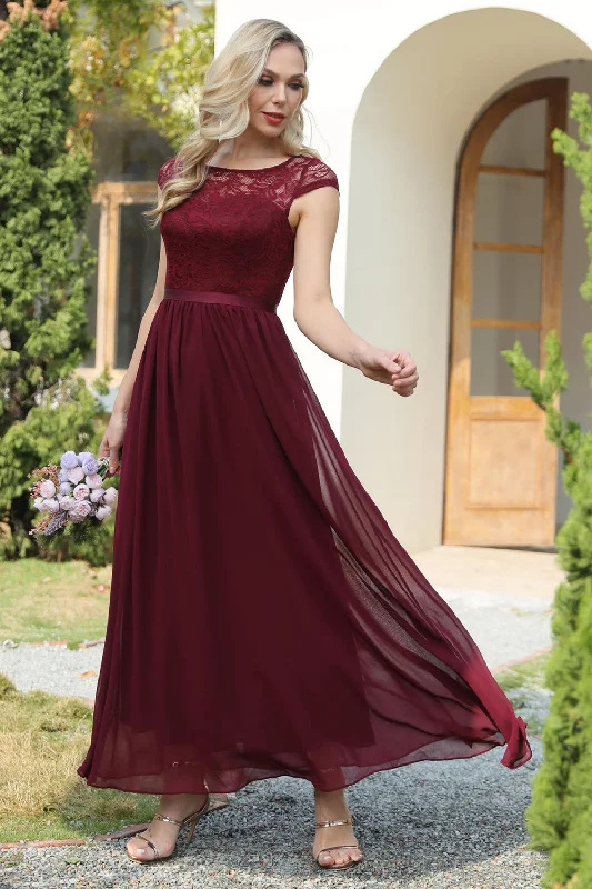 Burgundy Cap Sleeves Chiffon Bridesmaid Dress