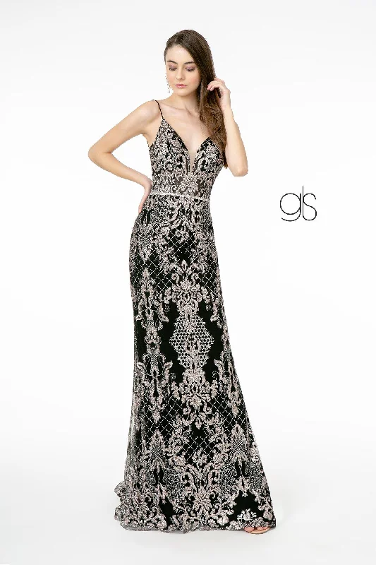 Glitter Embroidered Long Fitted V-Neck Dress by Elizabeth K GL2990