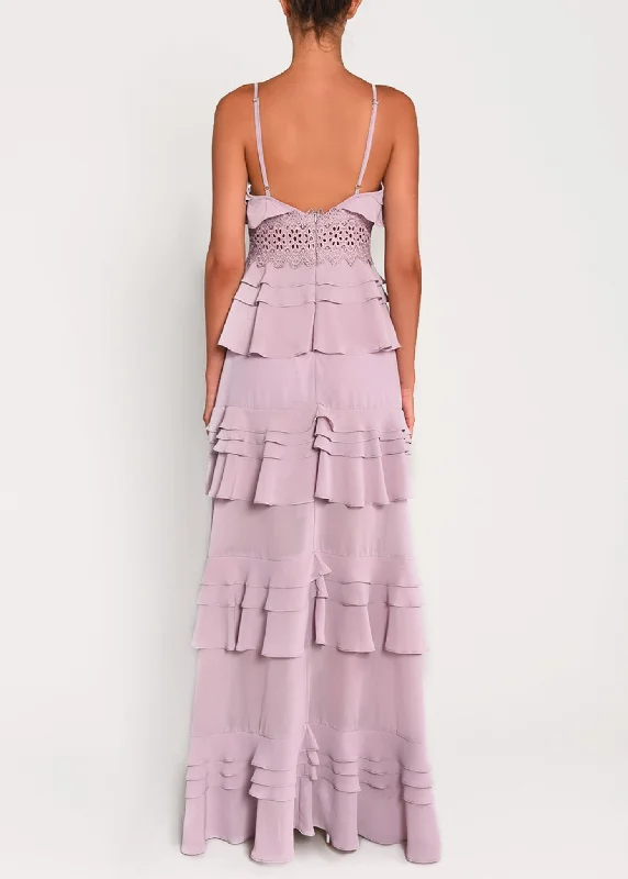 Sophia Dusty Lilac Plunge Front Tiered Ruffle Maxi-Dress