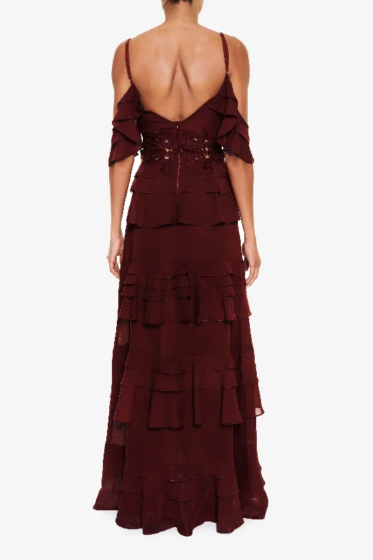 Olivia Burgundy Cold-Shoulder Tiered Ruffle Maxi-Dress