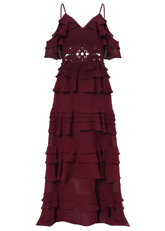 Olivia Burgundy Cold-Shoulder Tiered Ruffle Maxi-Dress