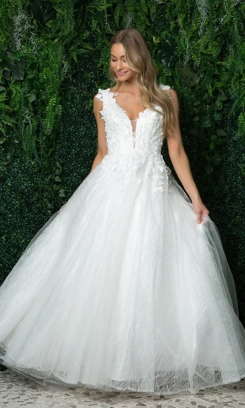 Floral-Applique Long White Ball Gown Wedding Dress