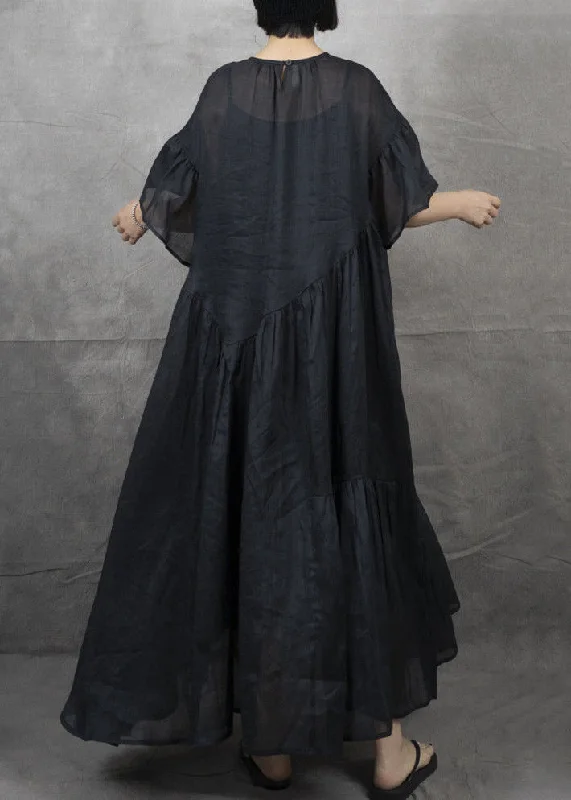 Bohemian Black Wrinkled Patchwork Maxi Dress Short Sleeve GH1043