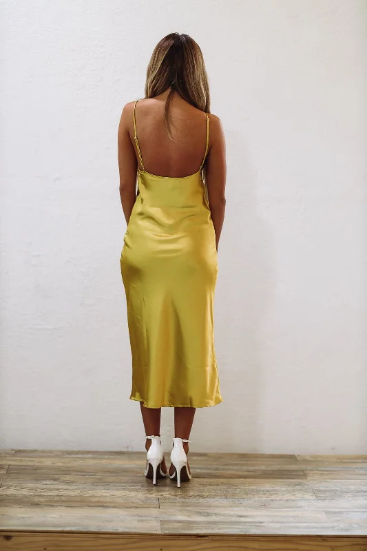 Catching Feelings Satin Midi Dress - Chartreuse