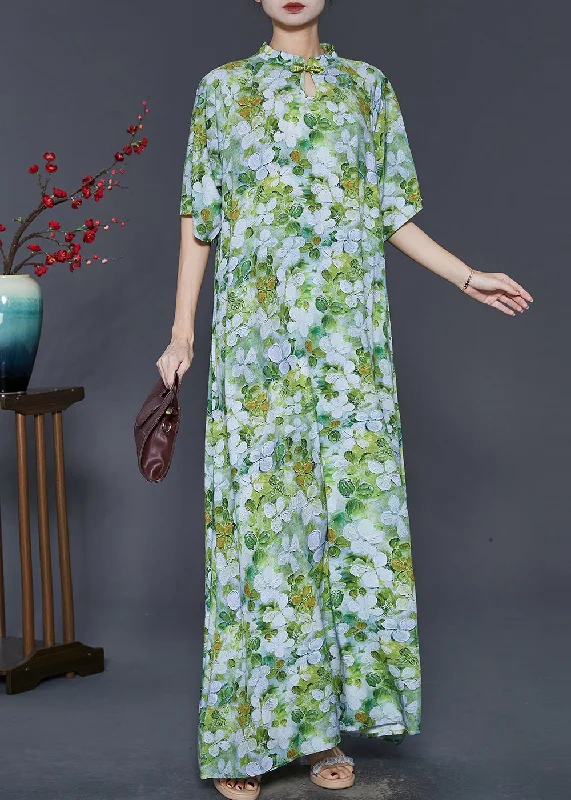 Chinese Style Green Print Cotton Cheongsam Dresses Summer SD1083