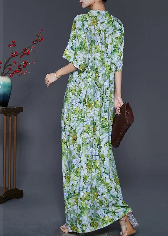 Chinese Style Green Print Cotton Cheongsam Dresses Summer SD1083