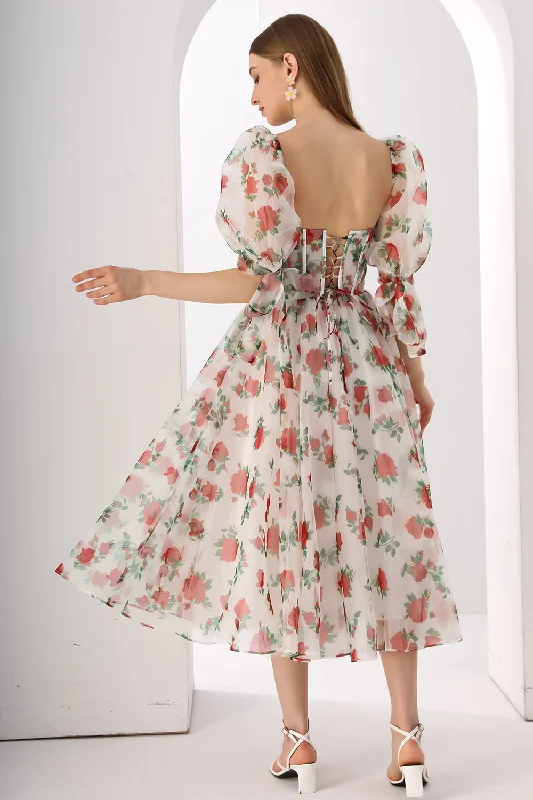 Corset Floral Print Organza Midi Dress with Puff Sleeves