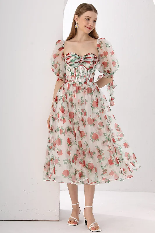 Corset Floral Print Organza Midi Dress with Puff Sleeves