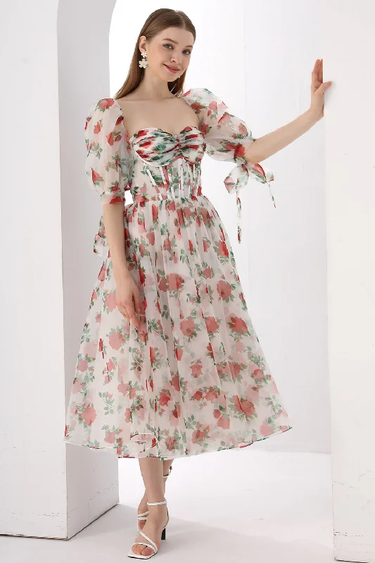 Corset Floral Print Organza Midi Dress with Puff Sleeves