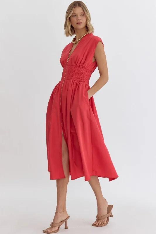 Crimson Full Zip Midi Dress