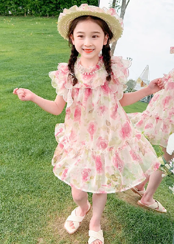 Cute Apricot Stand Collar Print Tulle Girls Mid Dress Summer XZ047