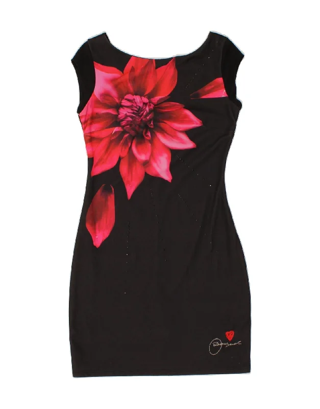 DESIGUAL Womens Sleeveless Bodycon Dress UK 12 Medium Black Floral