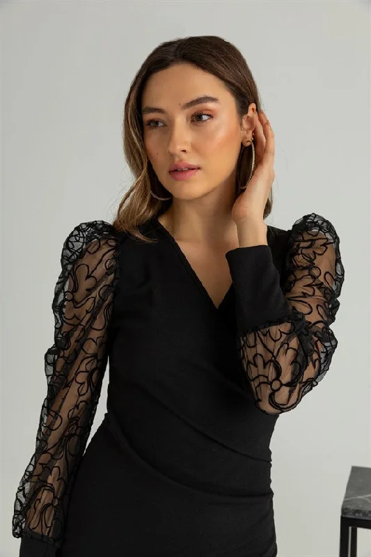 Double Breasted Flocked Sleeve Dress - BLACK REF : BCW143ELB0007100