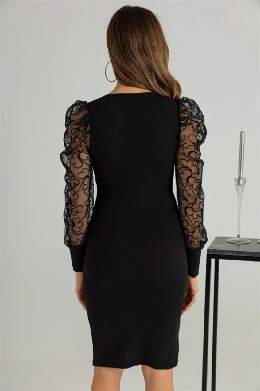 Double Breasted Flocked Sleeve Dress - BLACK REF : BCW143ELB0007100