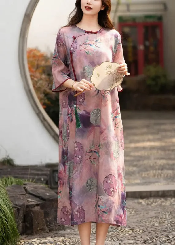 Elegant Purple Button Print Side Open Linen Dress Half Sleeve CG1005