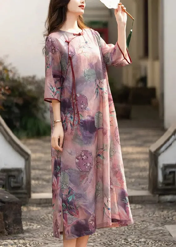 Elegant Purple Button Print Side Open Linen Dress Half Sleeve CG1005