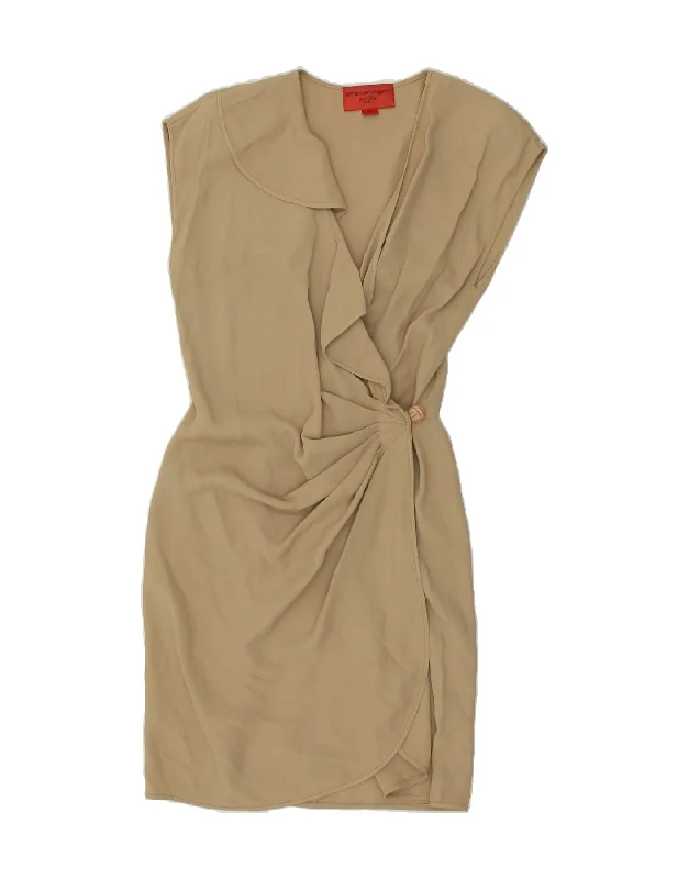 EMANUEL UNGARO Womens Sleeveless Wrap Dress UK 10 Small Beige