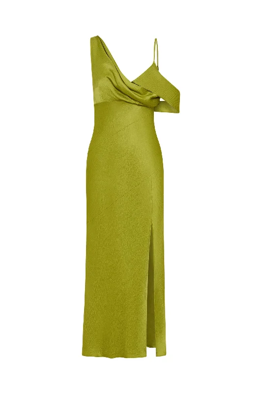 FINLEY ASYM DRAPED MIDI DRESS - MOSS