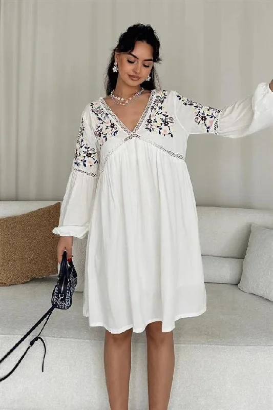 Floral Embroidered Linen Dress White REF : 28354