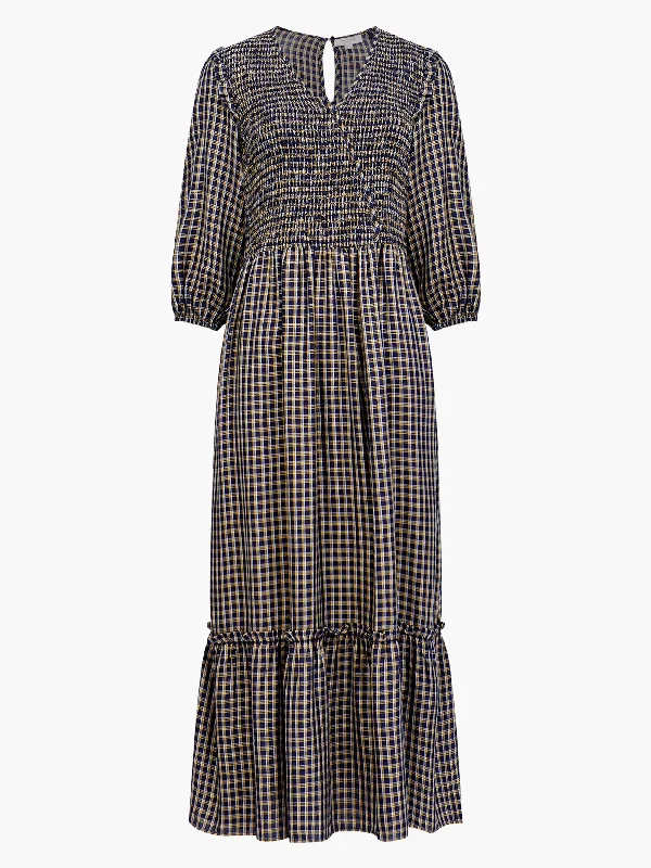 Great Plains Womens Soft Check Smocked Dress - Indigo/cream