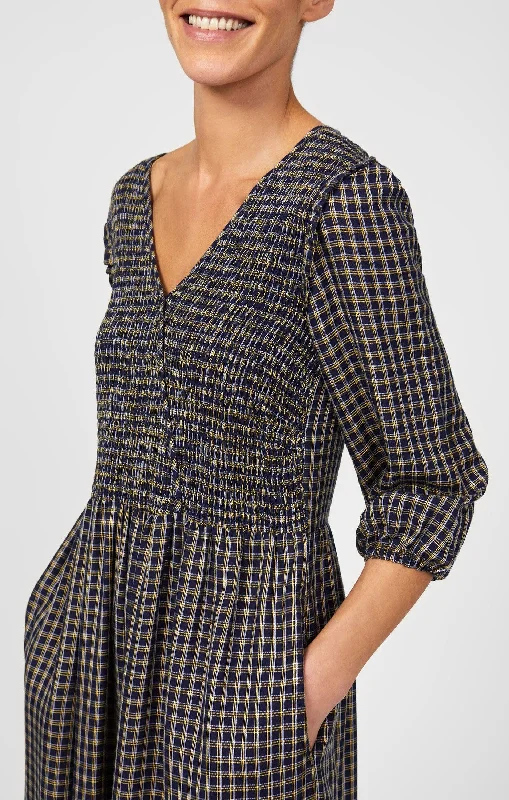 Great Plains Womens Soft Check Smocked Dress - Indigo/cream