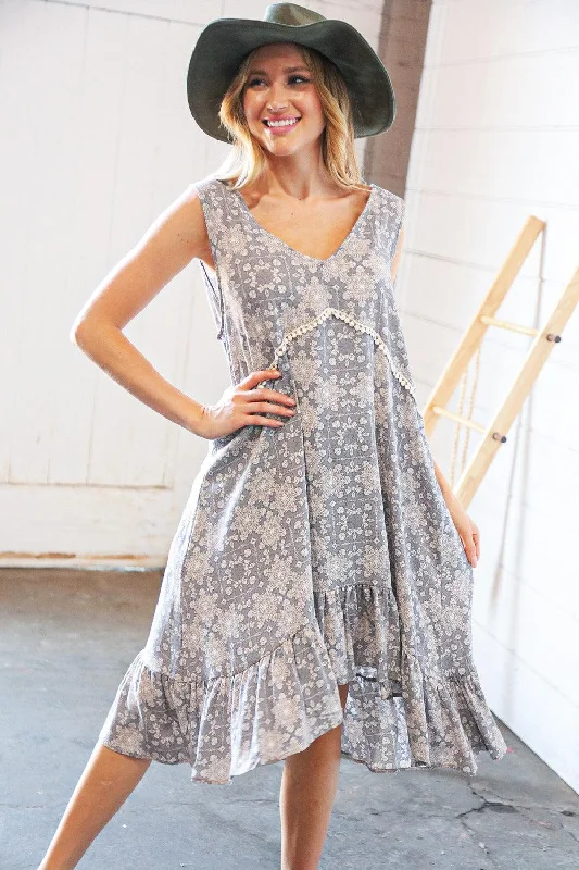 Grey Boho Crochet Lace V Neck Hi Lo Ruffle Hem Dress