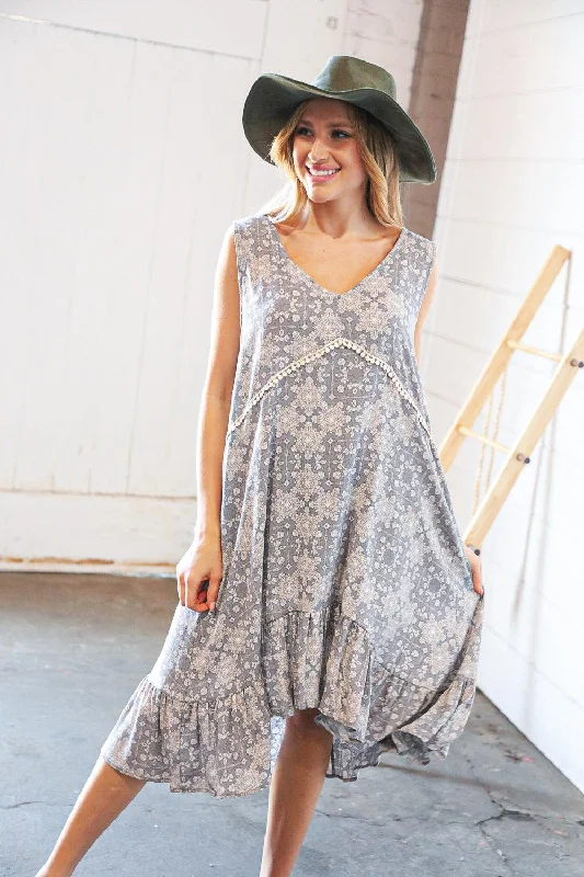 Grey Boho Crochet Lace V Neck Hi Lo Ruffle Hem Dress