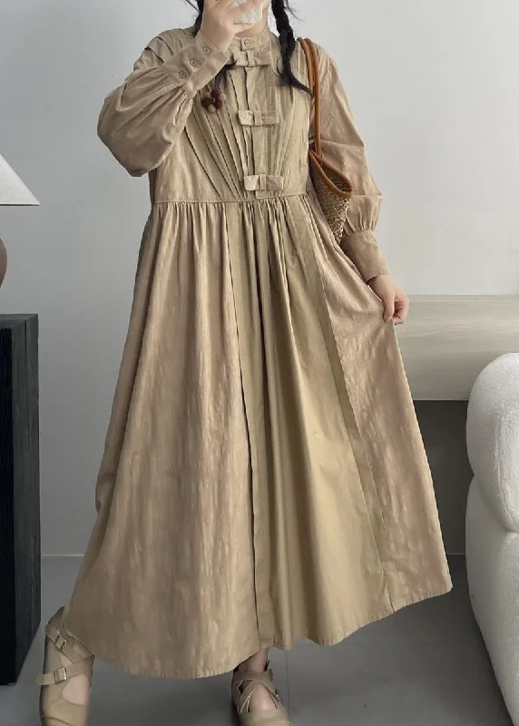 Khaki Pockets Solid Cotton Dresses Stand Collar Spring VV077