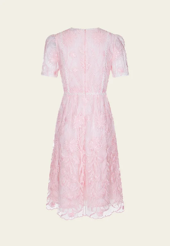 Lace-appliqué Floral-embroidery Puff-sleeve Dress