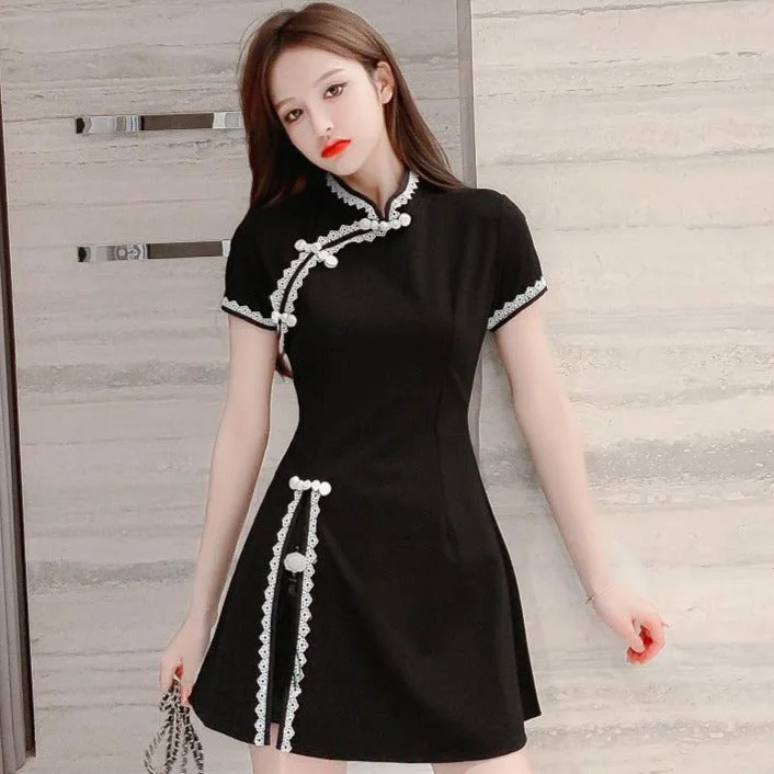 Lace Edge Plus Size Mini Modern Cheongsam Dress with Short Pants