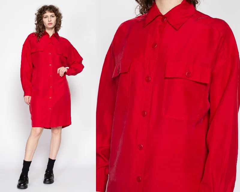 Large 80s Evan Picone Red Silk Shirtdress