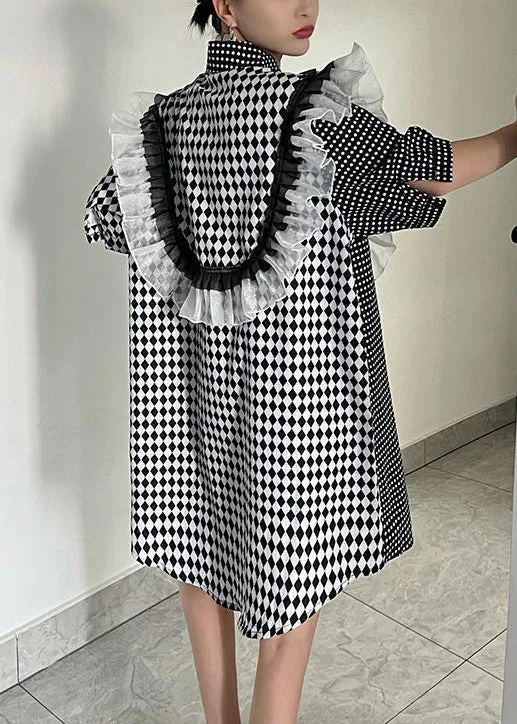 Loose Plaid Asymmetrical Ruffled Cotton Shirts Dresses Summer XX066