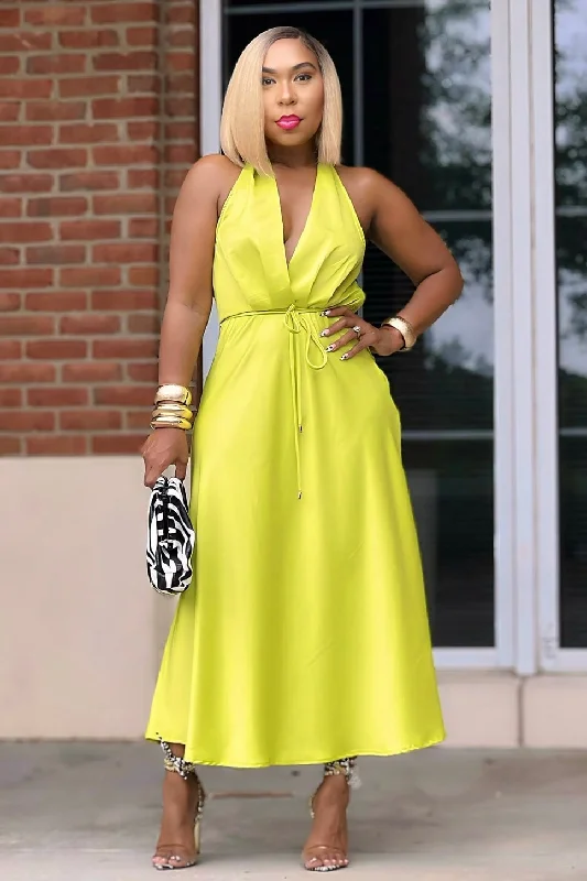 Marilyn Sultry Halter Maxi Dress-Chartreuse