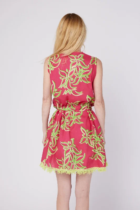 Felice Sleeveless V-Neck Puntuck Knee Length Dress with Detachable Belt in Raspberry Lime Flower