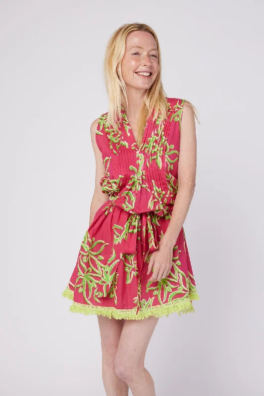 Felice Sleeveless V-Neck Puntuck Knee Length Dress with Detachable Belt in Raspberry Lime Flower