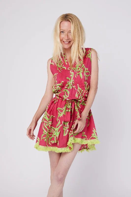 Felice Sleeveless V-Neck Puntuck Knee Length Dress with Detachable Belt in Raspberry Lime Flower