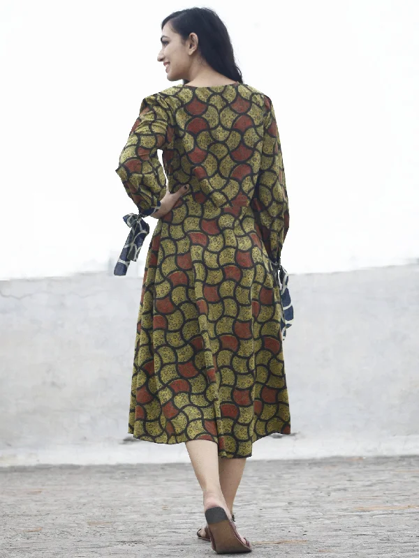 Olive Green Rust Indigo Black Ajrak Printed Cotton Dress With Tie-Up Sleeve - D80F641