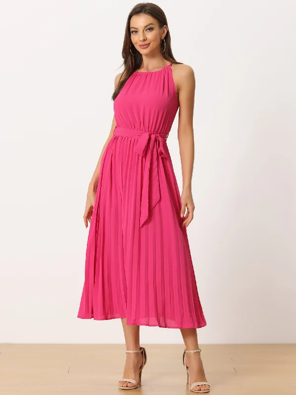 Women's Sleeveless Halter Neck Belted A-Line Cocktail Pleated Dress