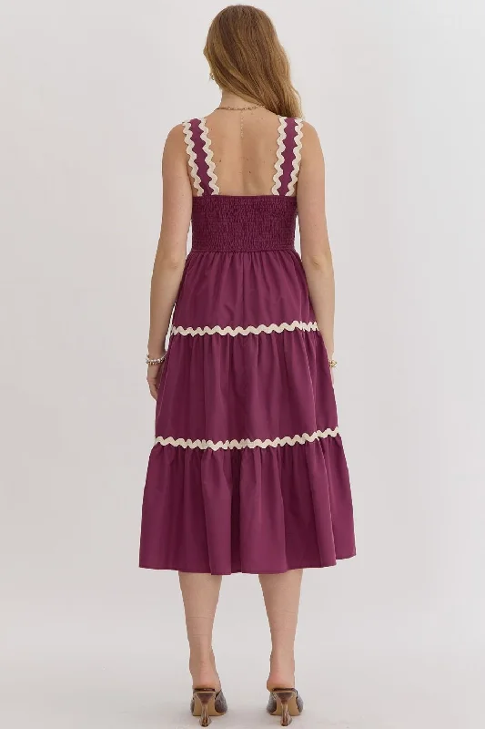 Plum Midi Dress with White Ric Rac Trim