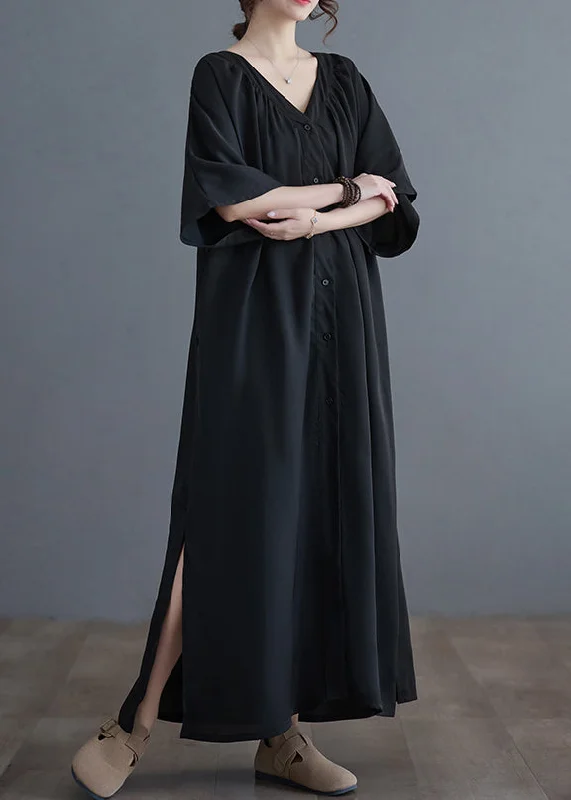 Plus Size Black V Neck Wrinkled Maxi Dresses Summer GH1033