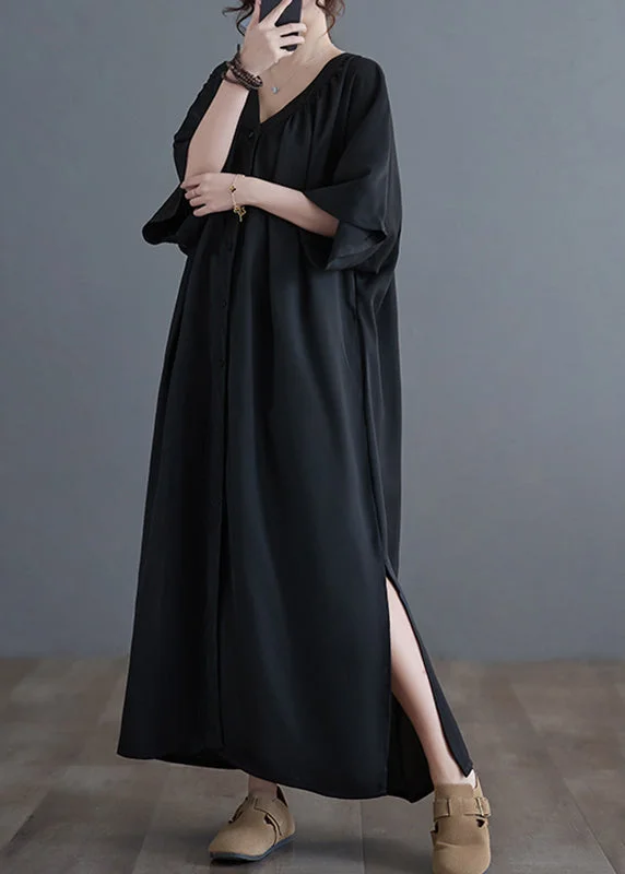 Plus Size Black V Neck Wrinkled Maxi Dresses Summer GH1033