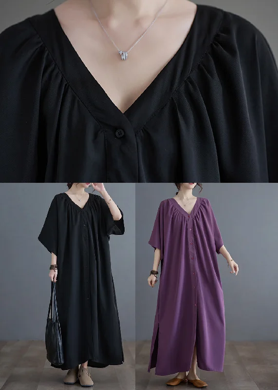 Plus Size Black V Neck Wrinkled Maxi Dresses Summer GH1033