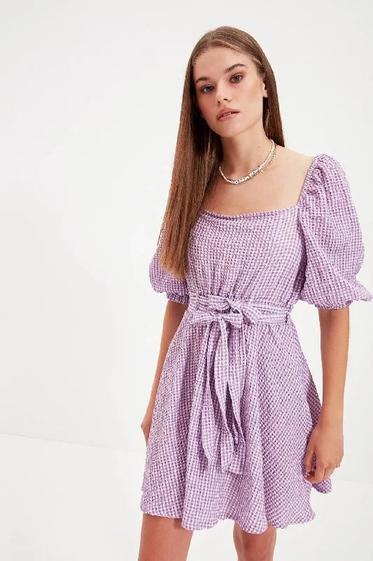 Purple Belted Mini Woven Dress REF : TWOAW22EL0051