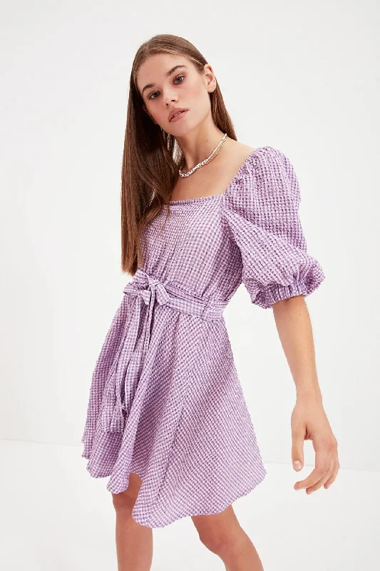 Purple Belted Mini Woven Dress REF : TWOAW22EL0051