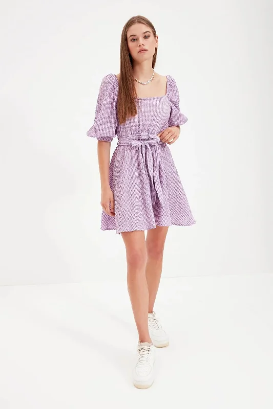 Purple Belted Mini Woven Dress REF : TWOAW22EL0051