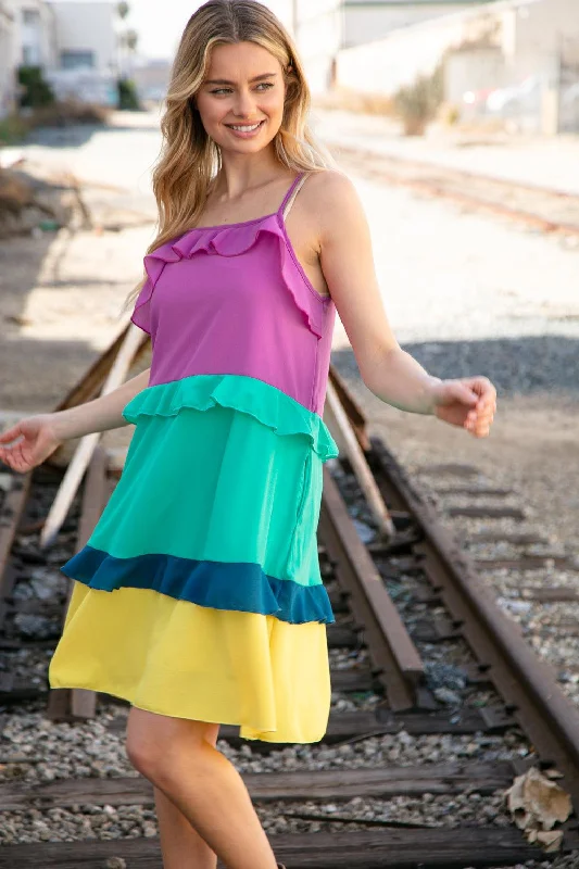 Purple Seafoam Color Block Tiered Ruffle Dress