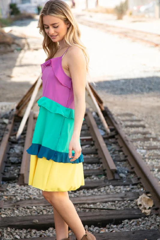 Purple Seafoam Color Block Tiered Ruffle Dress